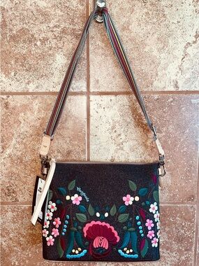 Consuela Downtown Crossbody Ava Black Floral Appliqué with Multicolor Strap NWT